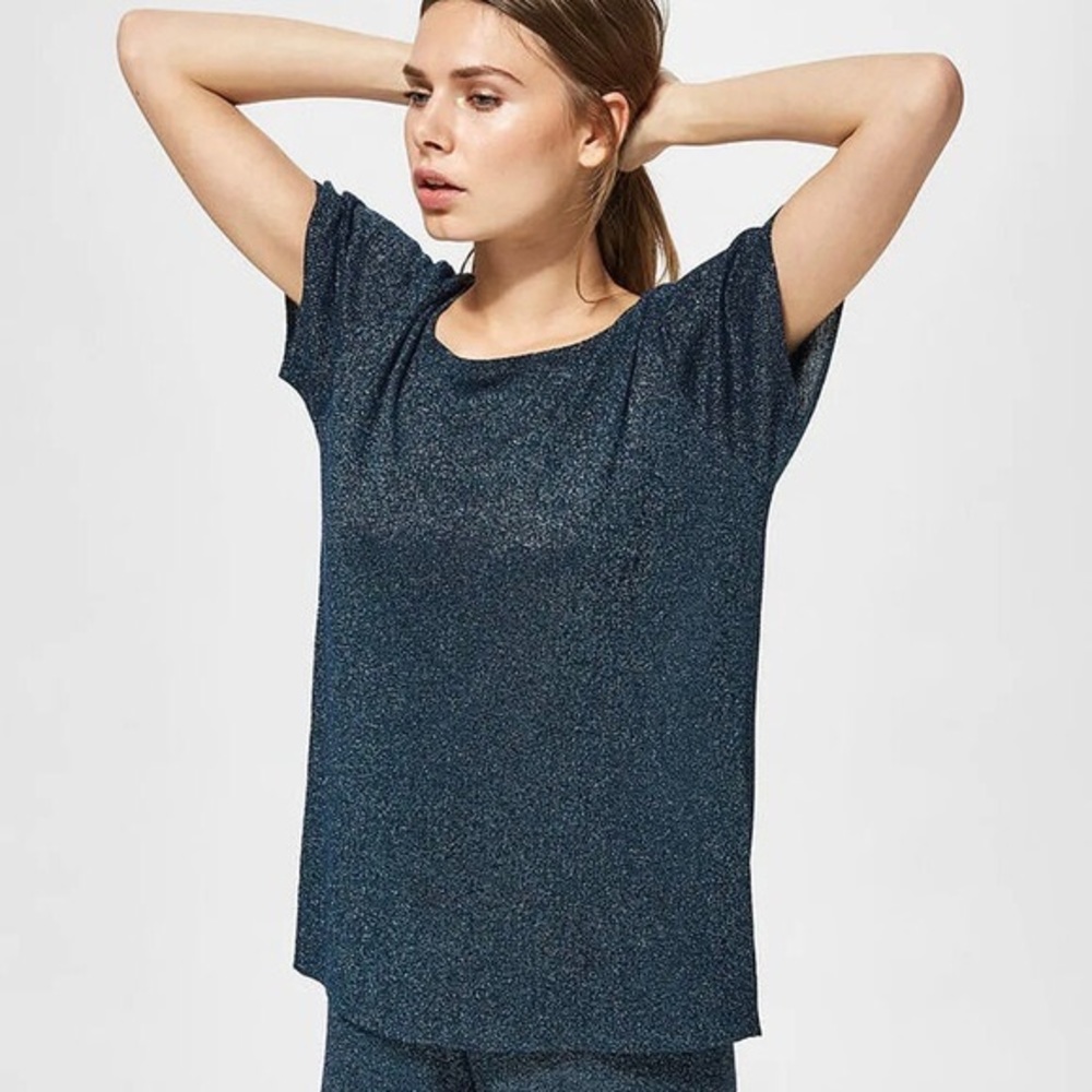 Selected Femme  Blue Metallic Knit Short Sleeve Top L